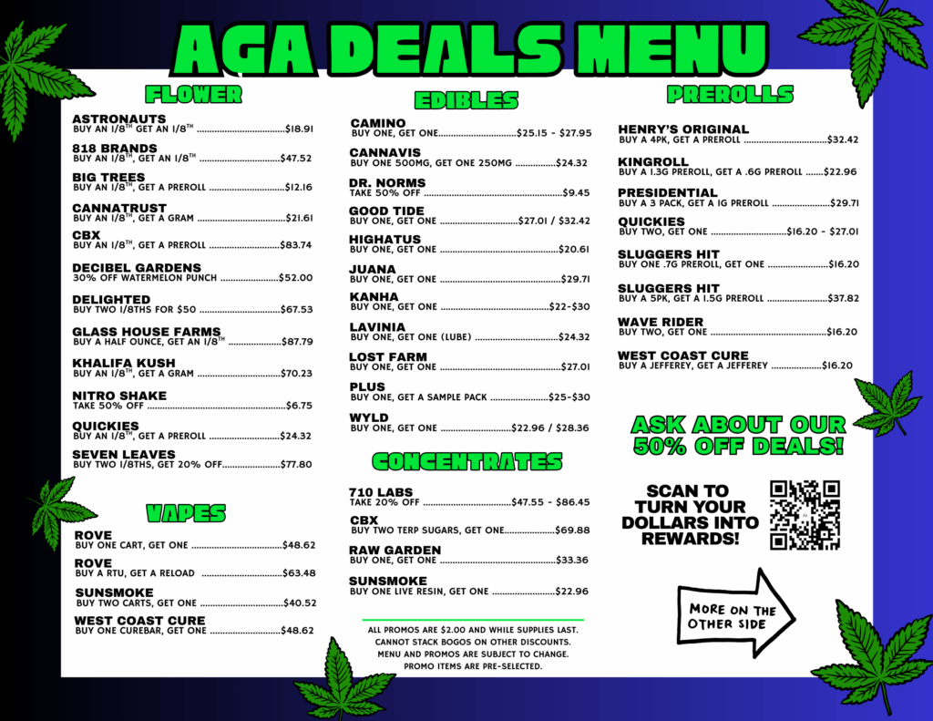 A colorful cannabis deals menu displaying various flower, edibles, pre-rolls, vapes, and concentrates with prices and promotions.