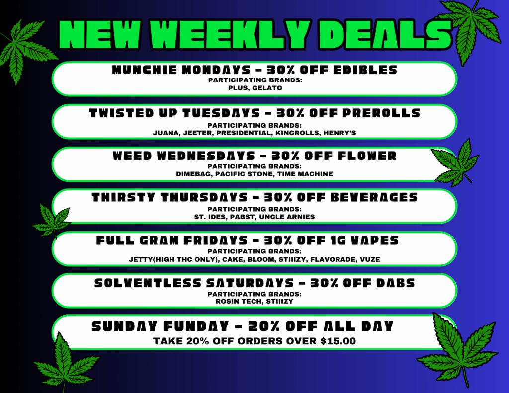 Graphic listing weekly cannabis deals: 30% off edibles, prerolls, flower, beverages, vapes, dabs, plus 20% off all on Sundays.