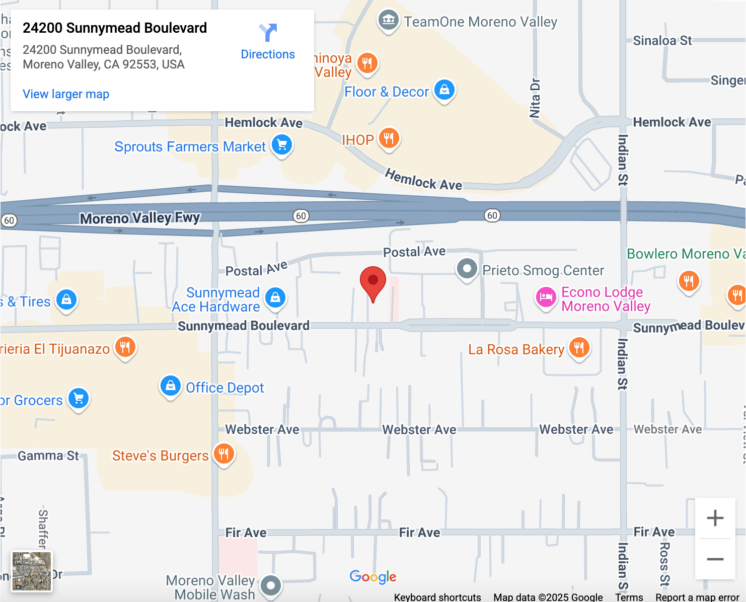 The map displays the location of 24200 Sunnymead Blvd, Moreno Valley, CA 92553, along with the nearby businesses and roads.